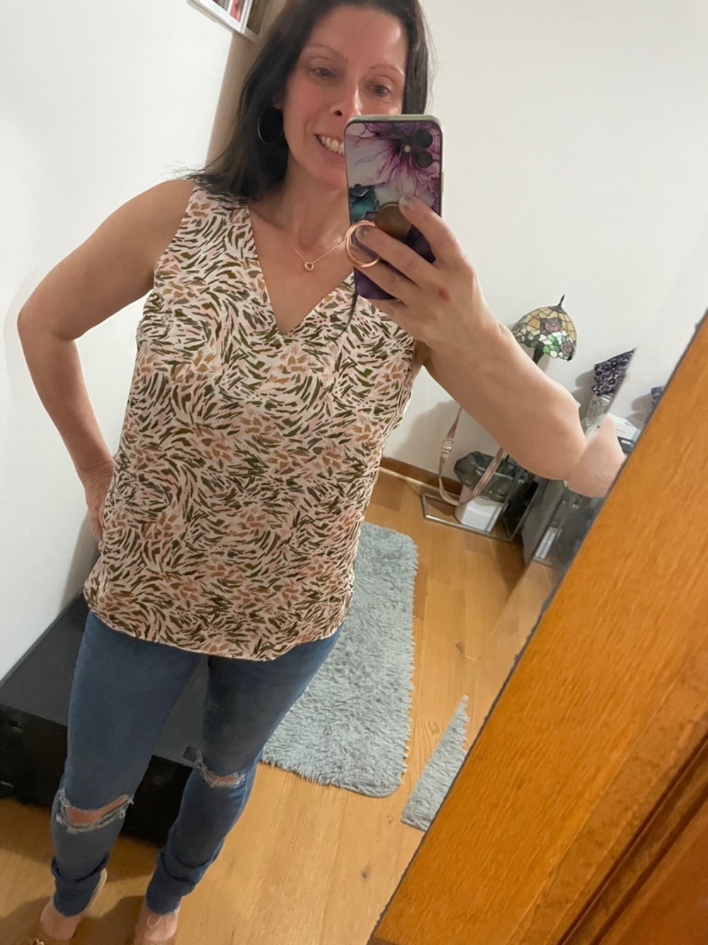 Sleeveless V-Neck Abstract Print Shell Top - Green/Blush